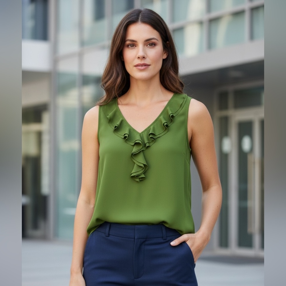 #545 Spense Olive Ruffle V-Neck Blouse